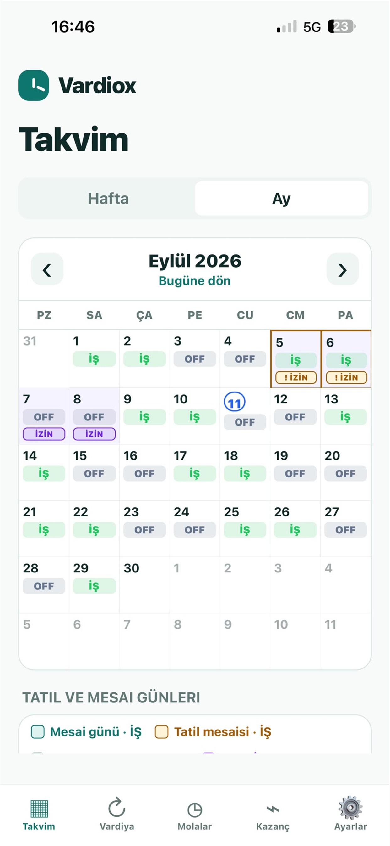 Vardiox aylık vardiya takvimi ekranı