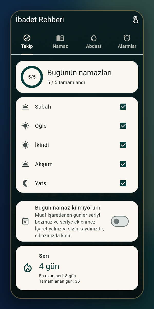 Namaz Yolu ibadet takip ekranı